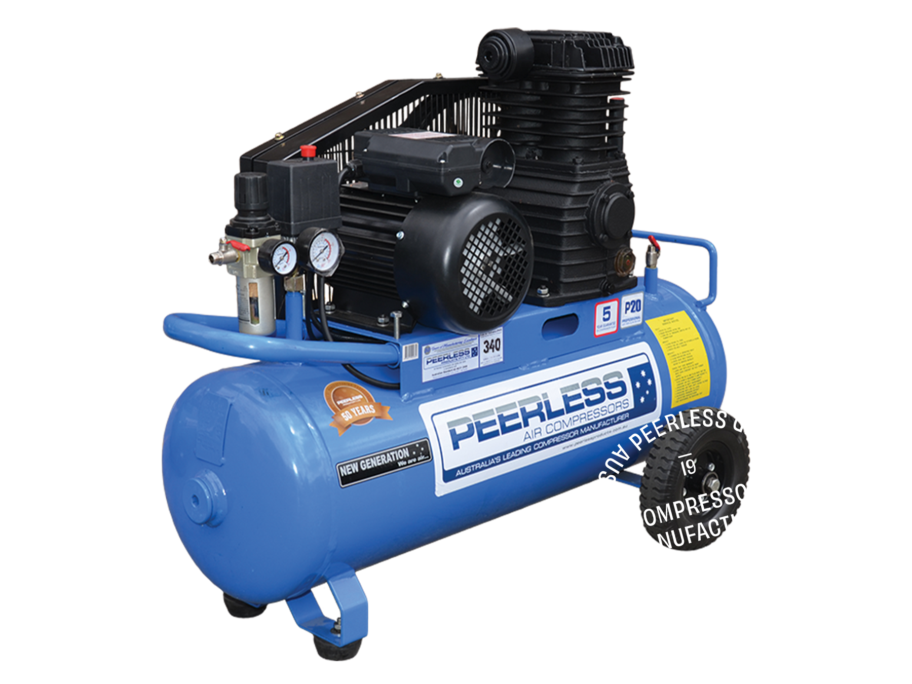 P20 High Flow Single Phase Air Compressor: Belt Drive, 15Amp, 3.5HP, 340LPM