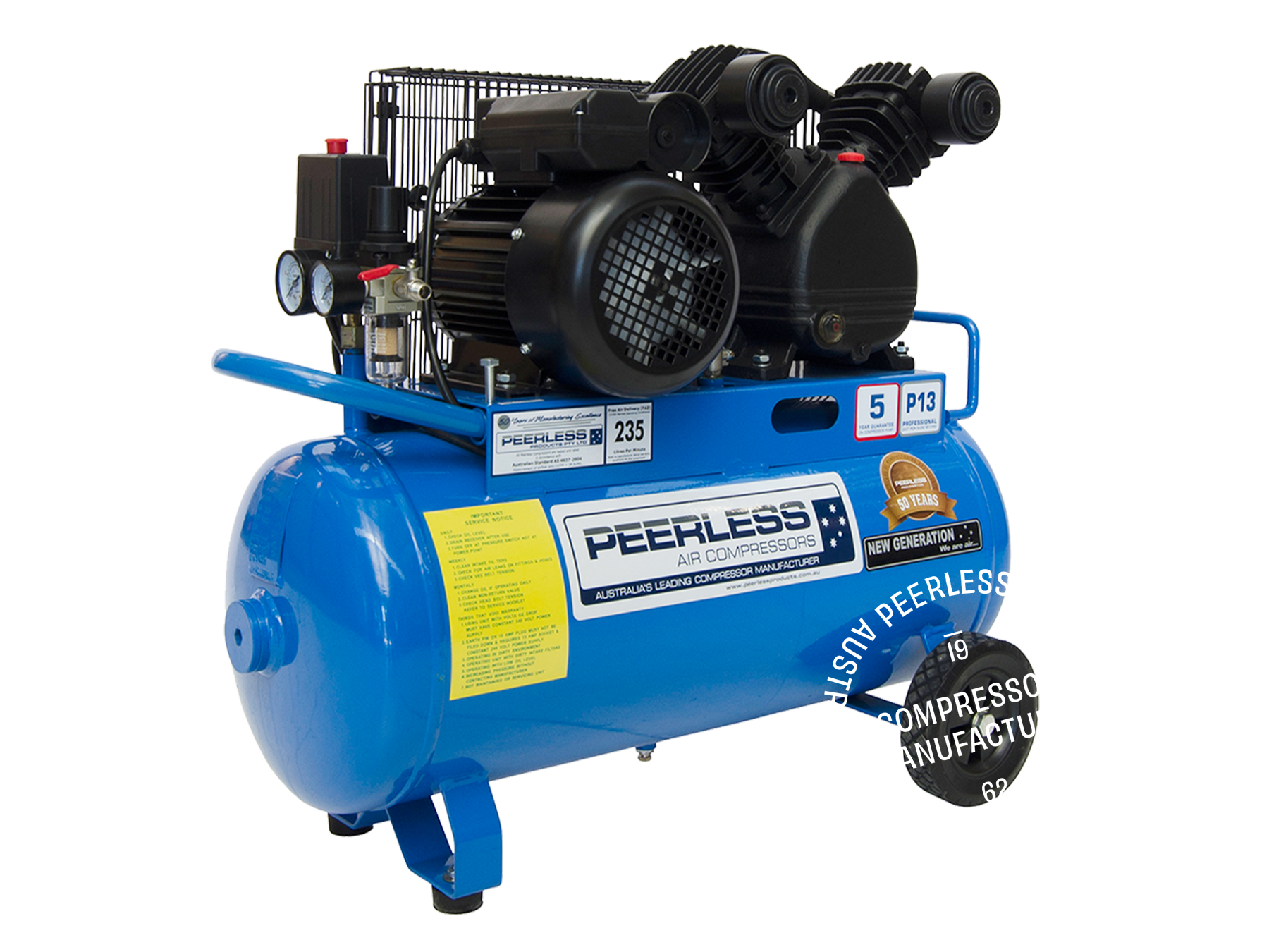 P13 Single Phase Air Compressor: Belt Drive, 10Amp, 2.5HP, 240LPM
