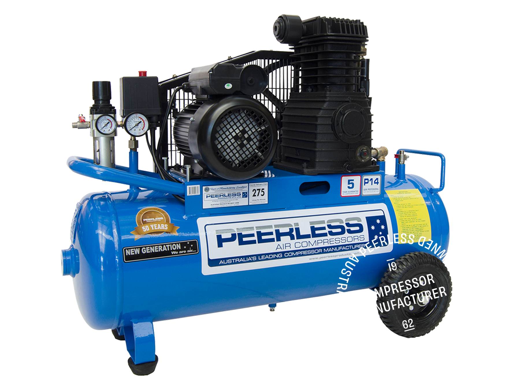P14 Single Phase Air Compressor: Belt Drive, 10Amp, 2.75HP, 275LPM
